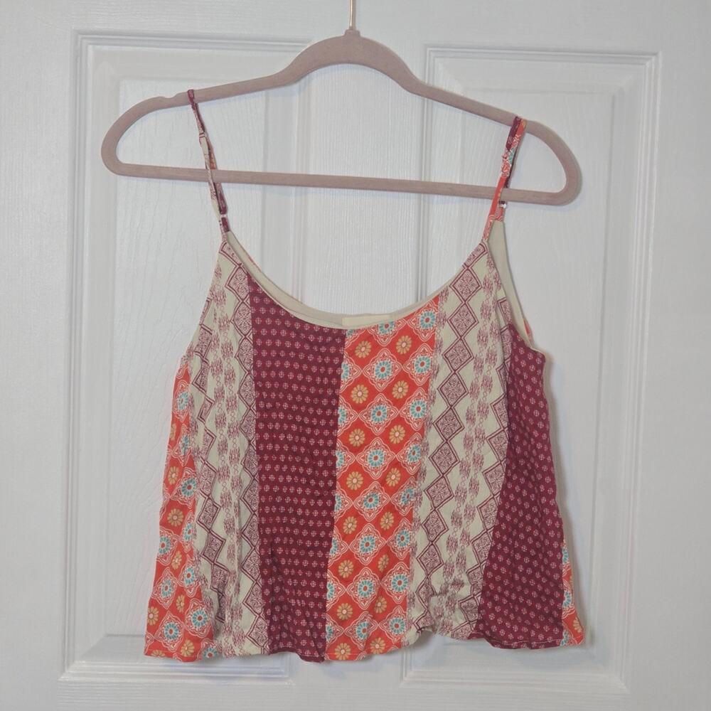 Everly Boho Patchwork Cami Burgundy Cream Orange Spaghetti Strap Crop Tank